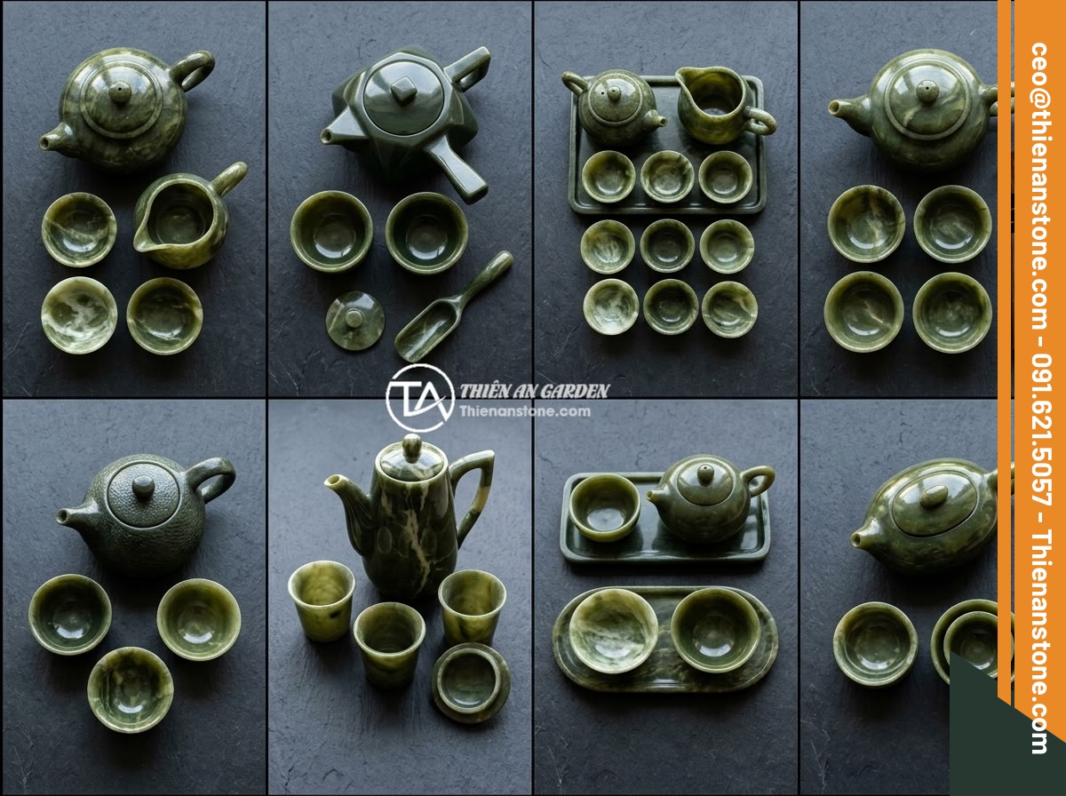 Top 8 bộ ấm chén bằng đá sang trọng và đẹp nhất cho không gian sống 2026 - An infographic-style flat lay showing eight different types of natural stone tea