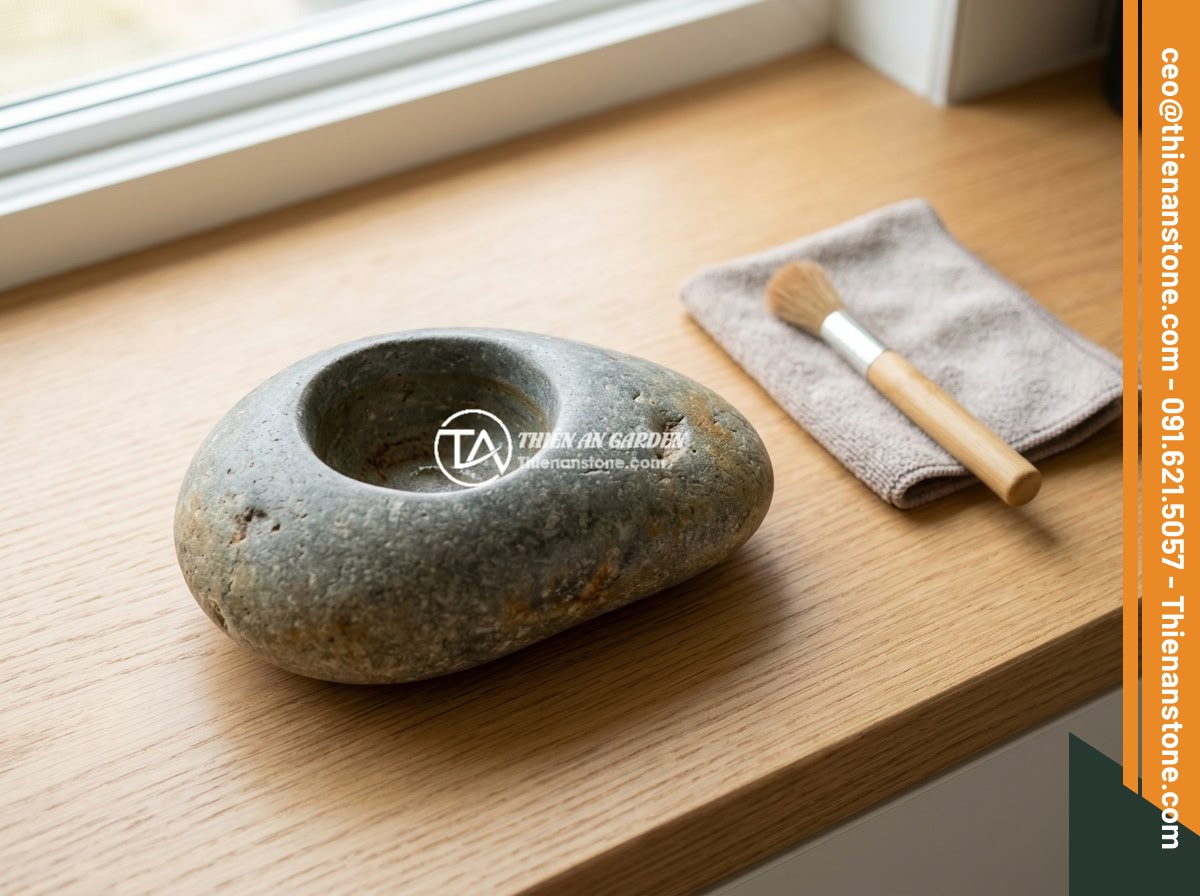 Top 8 bộ ấm chén bằng đá sang trọng và đẹp nhất cho không gian sống 2026 - Step-by-step cleaning process of a natural stone tea set with soft cloth, warm w