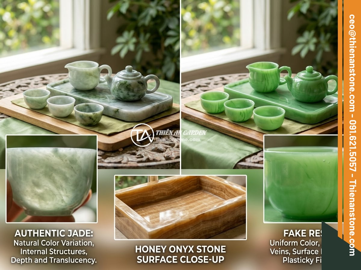Top 8 bộ ấm chén bằng đá sang trọng và đẹp nhất cho không gian sống 2026 - Side by side comparison of authentic natural jade stone tea set and a fake resin