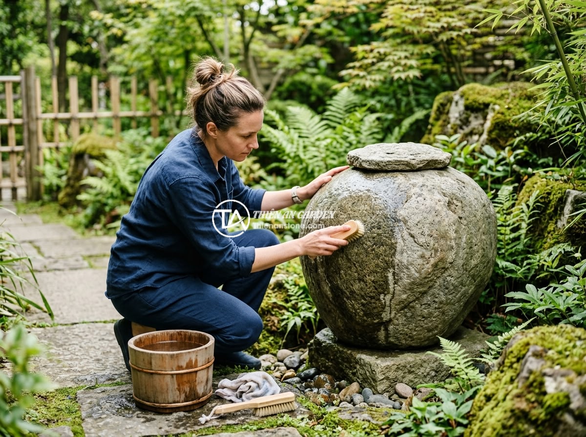 Top 8 mẫu chum đá phong thủy đẹp nhất 2026 cho không gian sân vườn sang trọng - Person carefully cleaning a large natural stone feng shui jar in a garden using 
