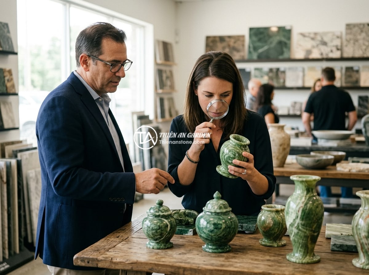 Top 8 mẫu chum đá phong thủy đẹp nhất 2026 cho không gian sân vườn sang trọng - Customer consulting with feng shui expert at a natural stone showroom, examining