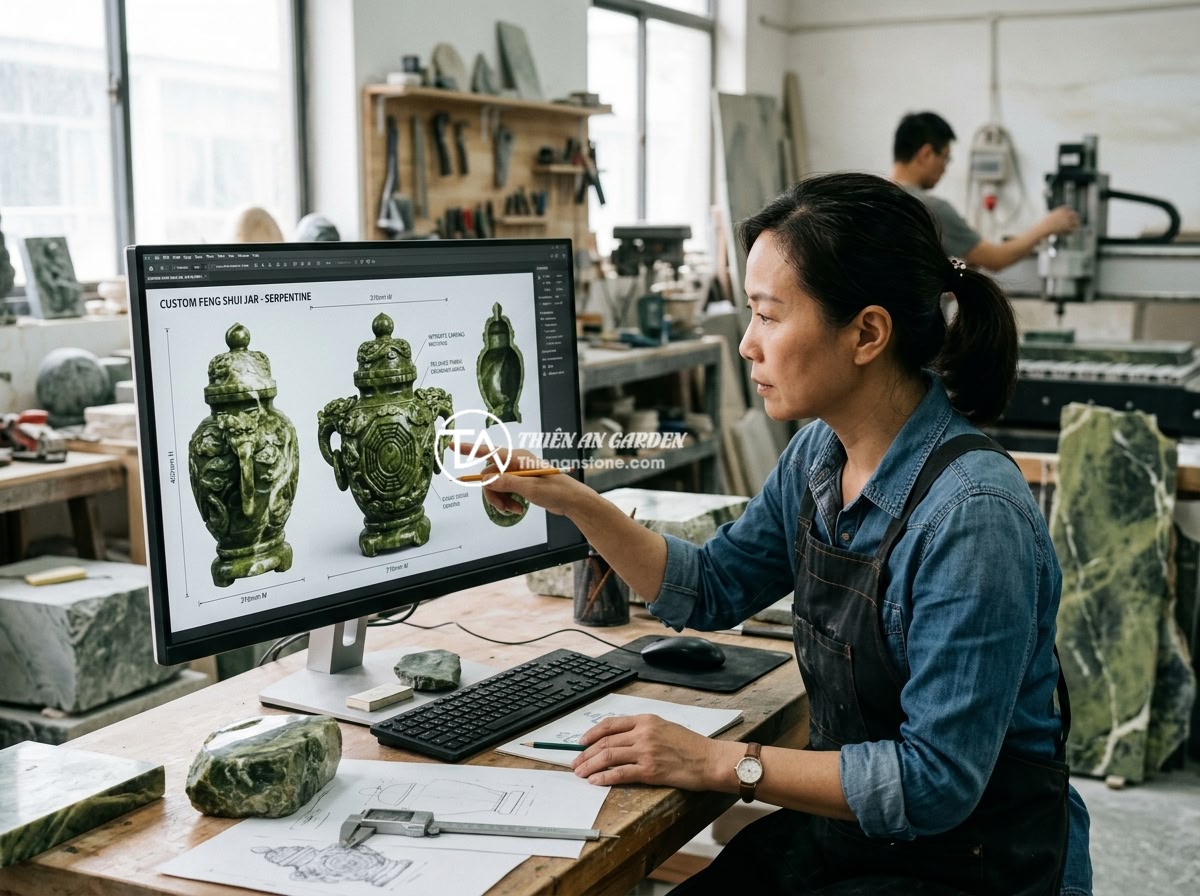 Top 8 mẫu chum đá phong thủy đẹp nhất 2026 cho không gian sân vườn sang trọng - 3D rendered custom feng shui stone jar design on computer screen with artisan re