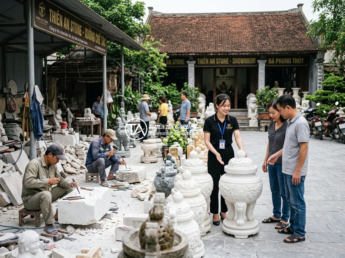 Top 8 mẫu chum đá phong thủy đẹp nhất 2026 cho không gian sân vườn sang trọng - Thien An Stone company showroom exterior with various feng shui stone jars on di
