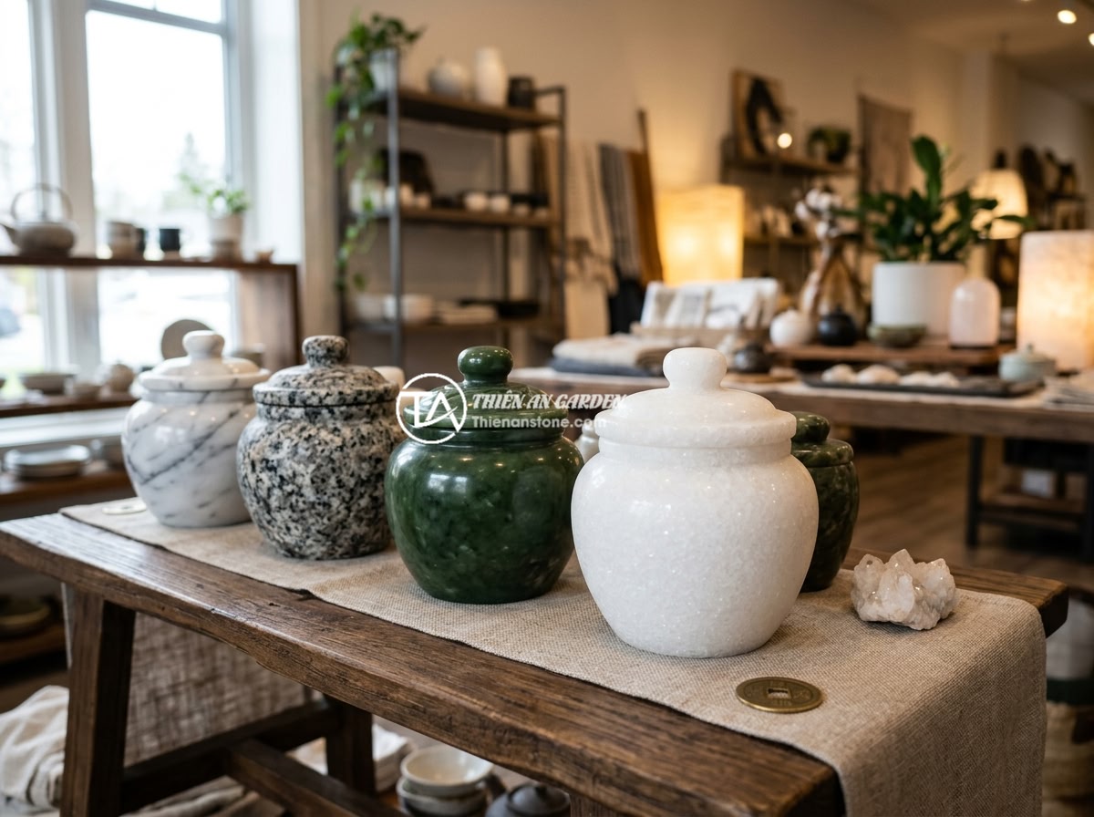 Top 8 mẫu chum đá phong thủy đẹp nhất 2026 cho không gian sân vườn sang trọng - Different types of natural stone materials for feng shui stone jars including ja