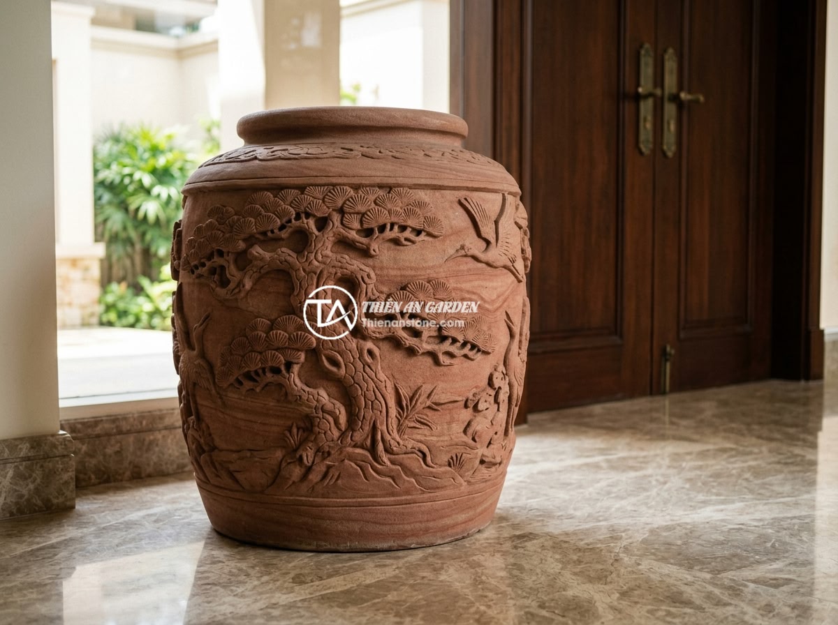 Top 8 mẫu chum đá phong thủy đẹp nhất 2026 cho không gian sân vườn sang trọng - Red natural stone feng shui jar with pine and crane carving, royal Asian style, 