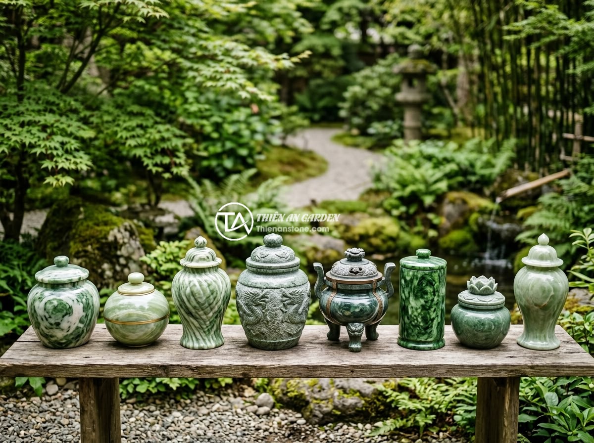 Top 8 mẫu chum đá phong thủy đẹp nhất 2026 cho không gian sân vườn sang trọng - Comparison display of eight different feng shui stone jar models arranged in a r