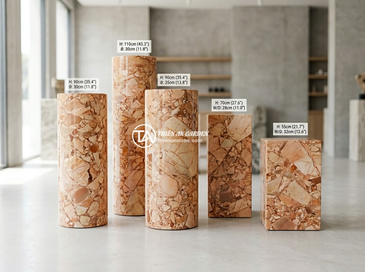 Top 8 mẫu đôn đá đẹp nhất 2026 cho kê tượng, cây cảnh và trang trí sân vườn - Various sizes of natural stone pedestals displayed in a showroom, showing differ