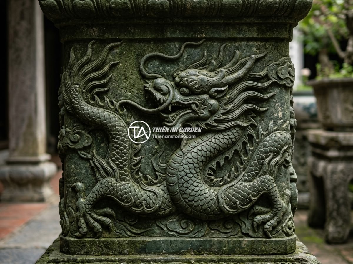 Top 8 mẫu đôn đá đẹp nhất 2026 cho kê tượng, cây cảnh và trang trí sân vườn - A detailed close-up of a traditional Vietnamese stone pedestal with intricate dr