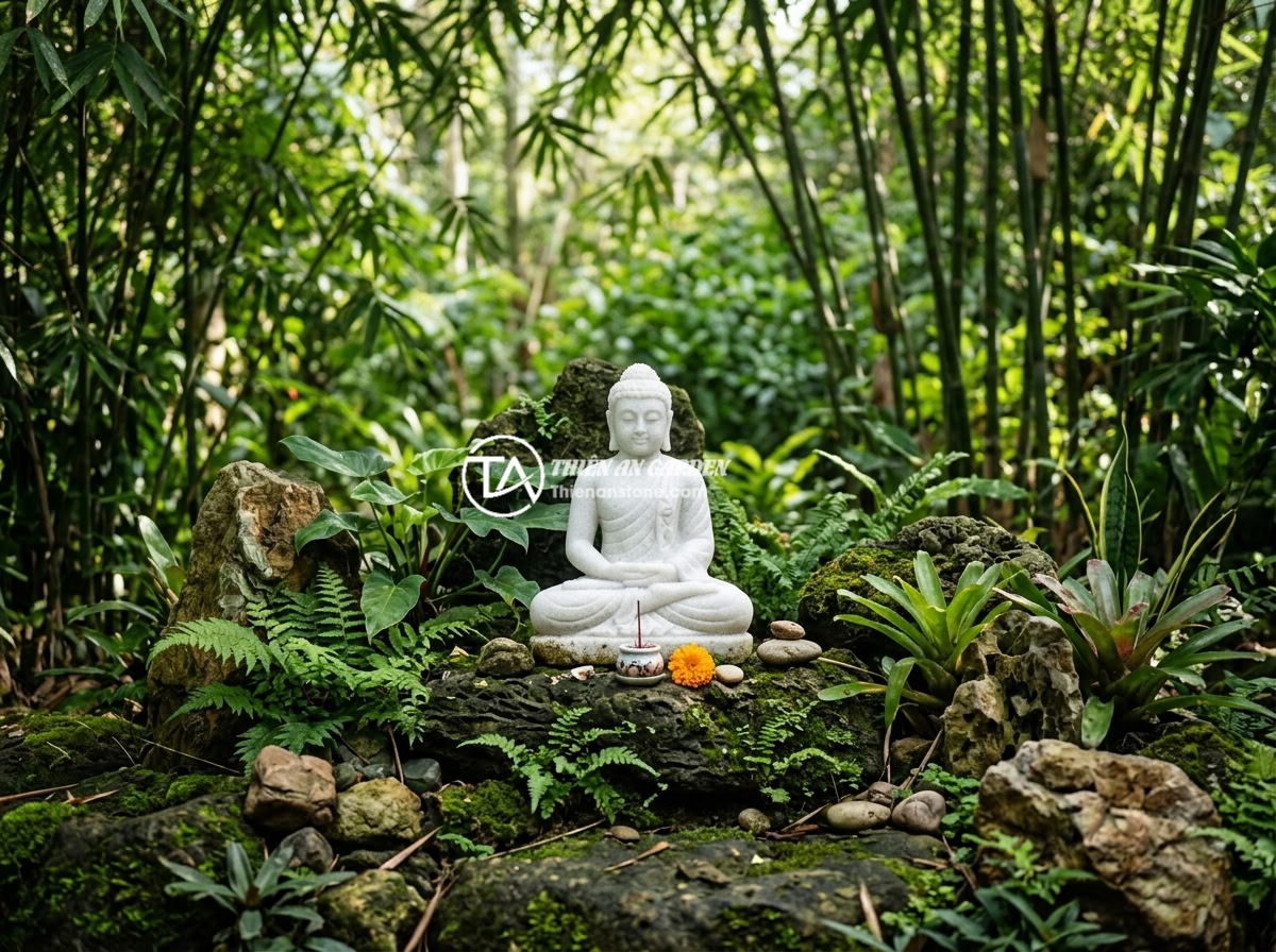 Top 8 Mẫu Tiểu Cảnh Tượng Phật Kết Hợp Cây Xanh Và Đá Tự Nhiên Đẹp Nhất - Hình 1 Top 8 Mẫu Tiểu Cảnh Tượng Phật Kết Hợp Cây Xanh Và Đá Tự Nhiên Đẹp Nhất - A serene Vietnamese garden featuring a small Buddha statue surrounded by natural