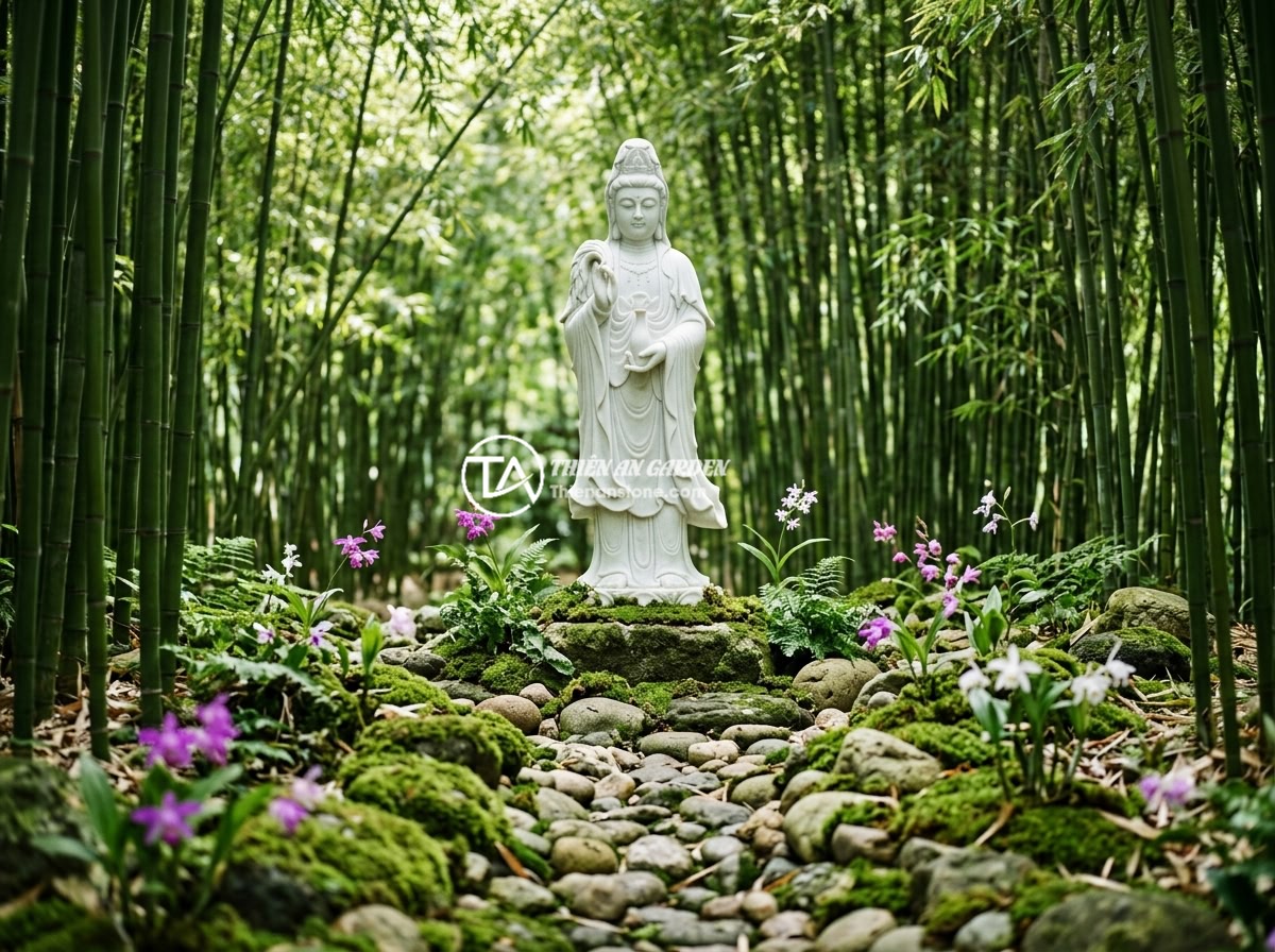 Top 8 Mẫu Tiểu Cảnh Tượng Phật Kết Hợp Cây Xanh Và Đá Tự Nhiên Đẹp Nhất - Hình 5 Top 8 Mẫu Tiểu Cảnh Tượng Phật Kết Hợp Cây Xanh Và Đá Tự Nhiên Đẹp Nhất - A tranquil garden scene with a white marble Guanyin Buddha statue standing among