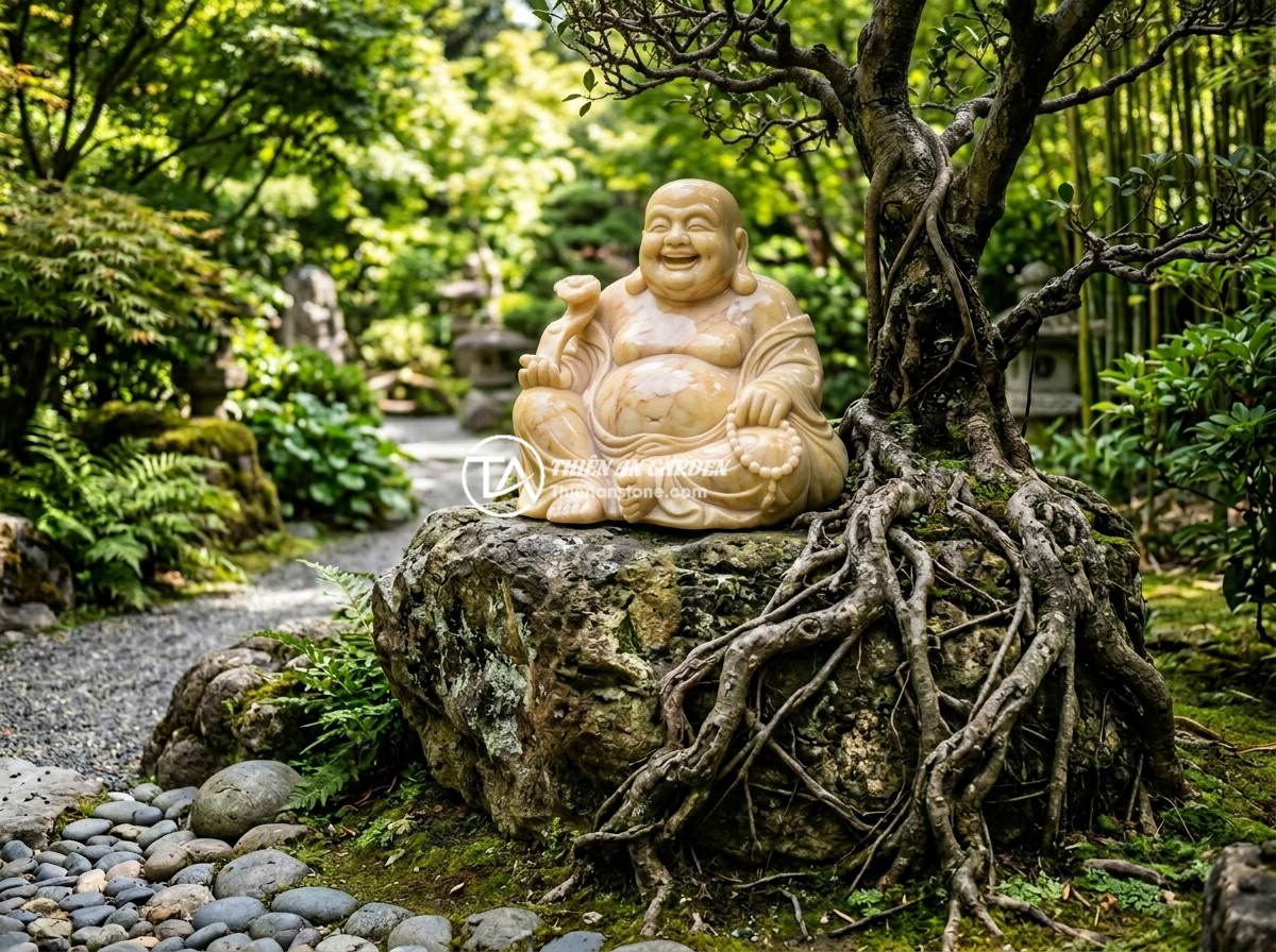 Top 8 Mẫu Tiểu Cảnh Tượng Phật Kết Hợp Cây Xanh Và Đá Tự Nhiên Đẹp Nhất - Hình 6 Top 8 Mẫu Tiểu Cảnh Tượng Phật Kết Hợp Cây Xanh Và Đá Tự Nhiên Đẹp Nhất - A laughing Maitreya Buddha statue carved from golden granite sitting atop a larg