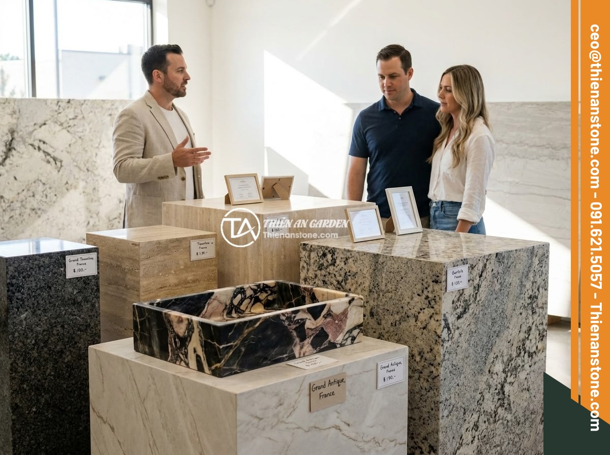 Top chất liệu đá tự nhiên làm đôn đá: Granite, bazan, cuội vân mây và đặc tính - Hình 11 Top chất liệu đá tự nhiên làm đôn đá: Granite, bazan, cuội vân mây và đặc tính - Showroom displaying various natural stone pedestals with price tags and origin c