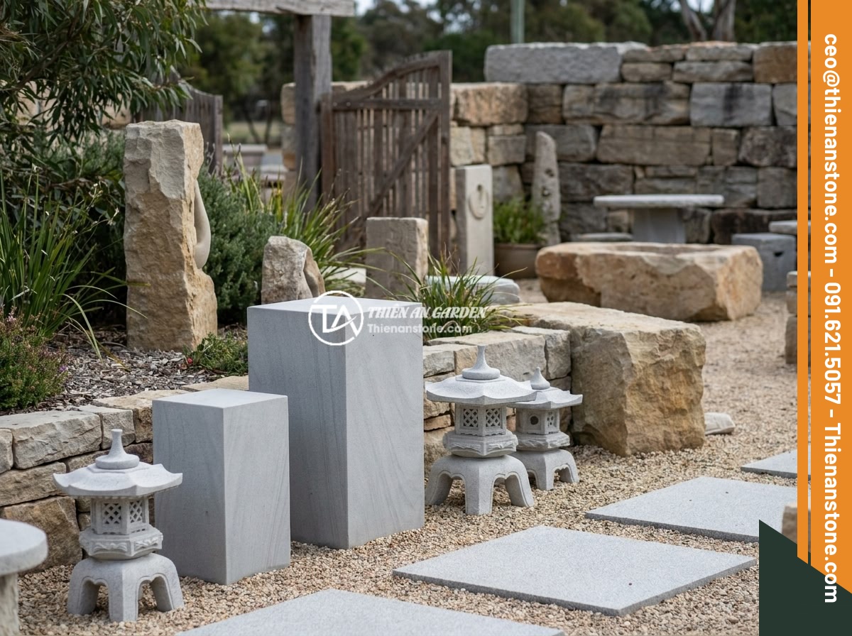 Top chất liệu đá tự nhiên làm đôn đá: Granite, bazan, cuội vân mây và đặc tính - Hình 13 Top chất liệu đá tự nhiên làm đôn đá: Granite, bazan, cuội vân mây và đặc tính - Thien An Stone company showroom entrance with a wide variety of natural stone pe
