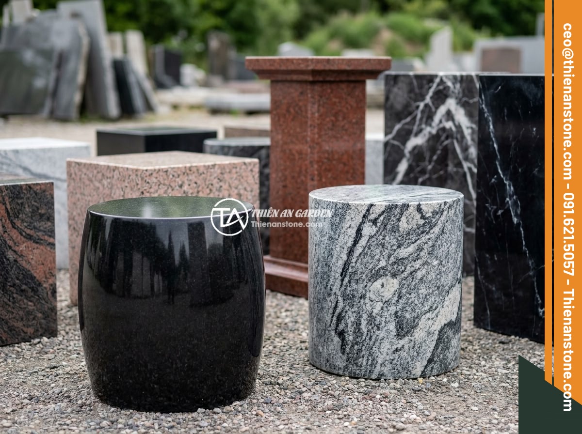 Top chất liệu đá tự nhiên làm đôn đá: Granite, bazan, cuội vân mây và đặc tính - Hình 2 Top chất liệu đá tự nhiên làm đôn đá: Granite, bazan, cuội vân mây và đặc tính - Collection of granite stone pedestals in various shapes including drum-shaped, c