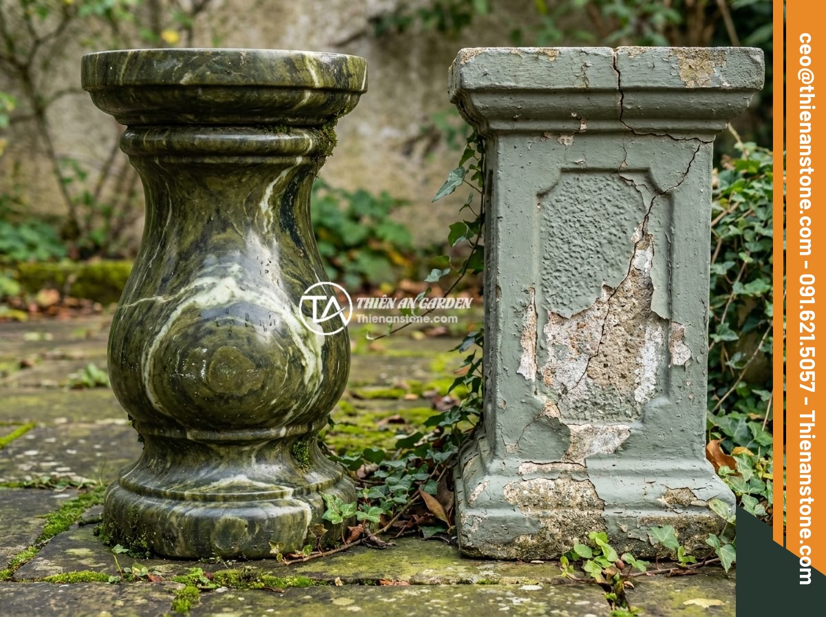 Top chất liệu đá tự nhiên làm đôn đá: Granite, bazan, cuội vân mây và đặc tính - Hình 6 Top chất liệu đá tự nhiên làm đôn đá: Granite, bazan, cuội vân mây và đặc tính - Side by side comparison of natural stone pedestal and artificial concrete stone