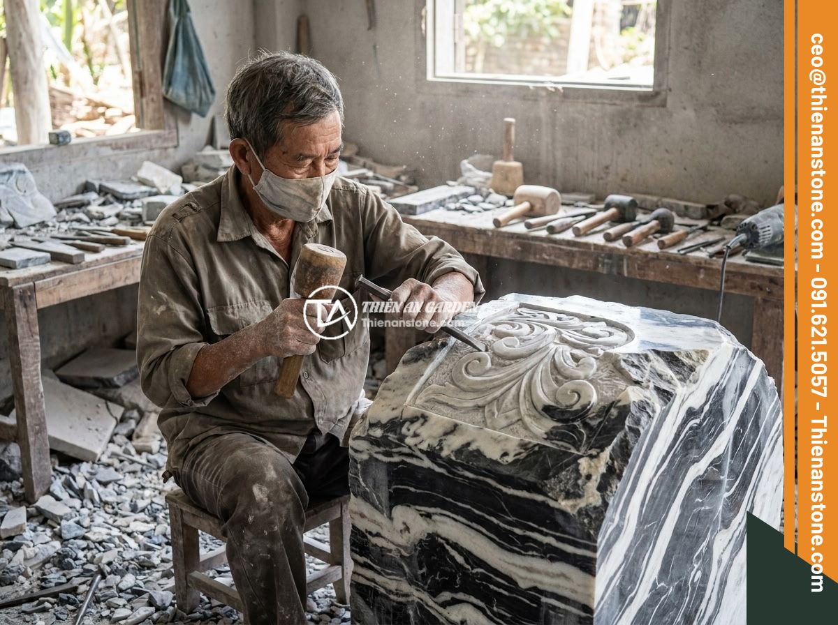 Top chất liệu đá tự nhiên làm đôn đá: Granite, bazan, cuội vân mây và đặc tính - Hình 8 Top chất liệu đá tự nhiên làm đôn đá: Granite, bazan, cuội vân mây và đặc tính - Craftsman hand-carving intricate patterns on a granite stone pedestal in a tradi