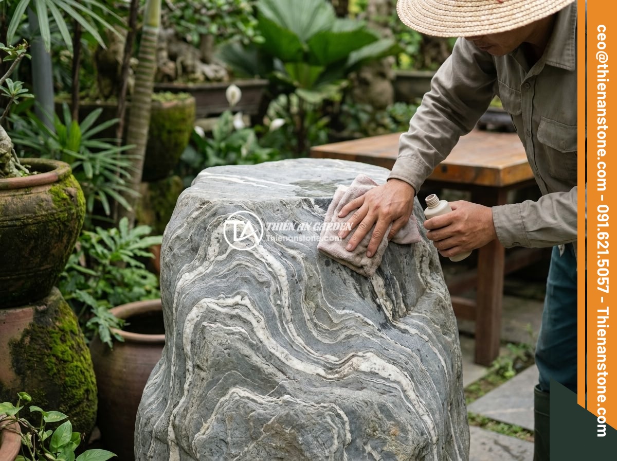 Top chất liệu đá tự nhiên làm đôn đá: Granite, bazan, cuội vân mây và đặc tính - Hình 9 Top chất liệu đá tự nhiên làm đôn đá: Granite, bazan, cuội vân mây và đặc tính - Person carefully cleaning a natural stone pedestal with soft cloth and natural c