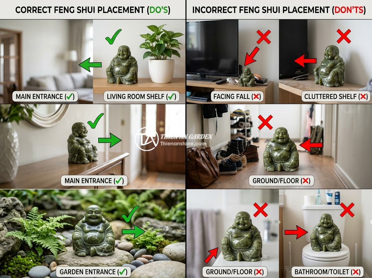 Tượng Phật Di Lặc Mini Trang Trí Tiểu Cảnh: Mẫu Nào Đang Hot Nhất? - Hình 10 Tượng Phật Di Lặc Mini Trang Trí Tiểu Cảnh: Mẫu Nào Đang Hot Nhất? - A diagram showing correct and incorrect placement positions for mini laughing Bu