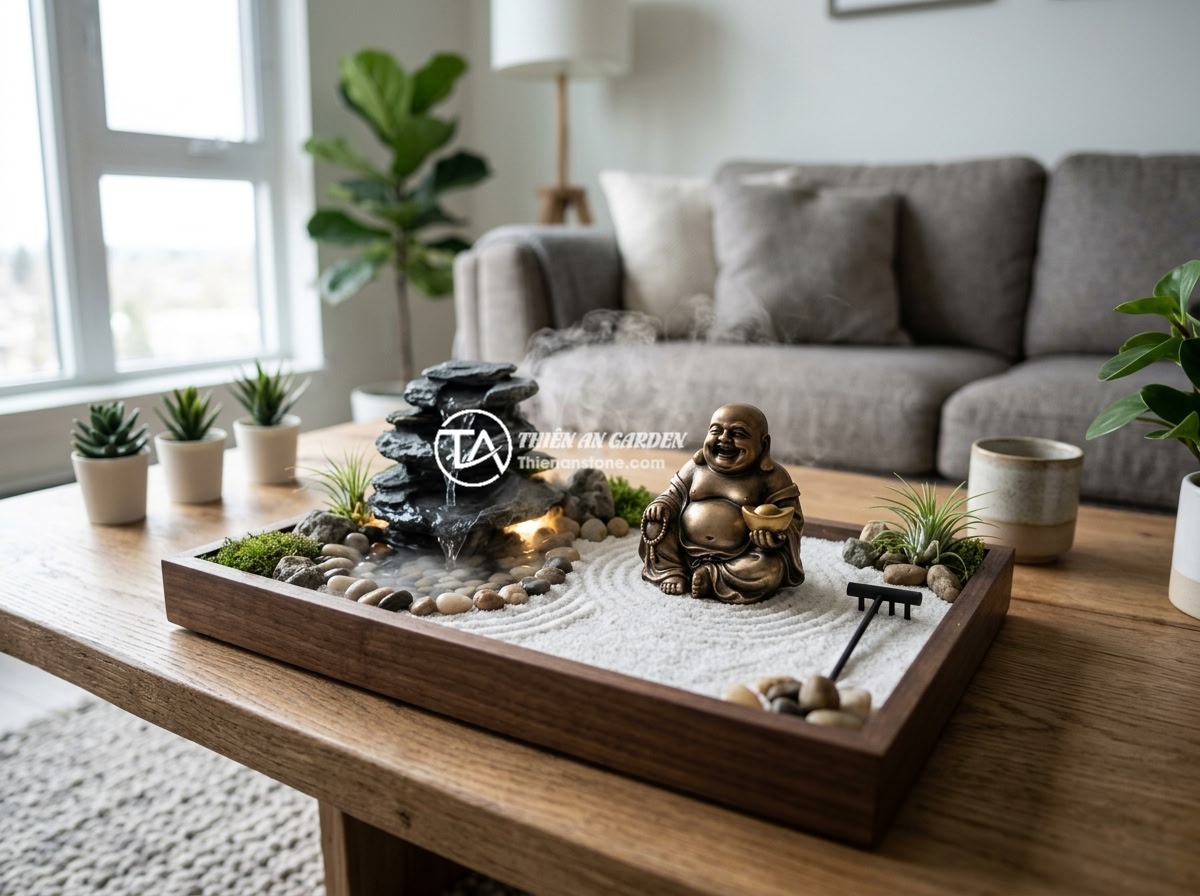 Tượng Phật Di Lặc Mini Trang Trí Tiểu Cảnh: Mẫu Nào Đang Hot Nhất? - Hình 11 Tượng Phật Di Lặc Mini Trang Trí Tiểu Cảnh: Mẫu Nào Đang Hot Nhất? - A modern miniature zen garden with a mini laughing Buddha statue featuring integ