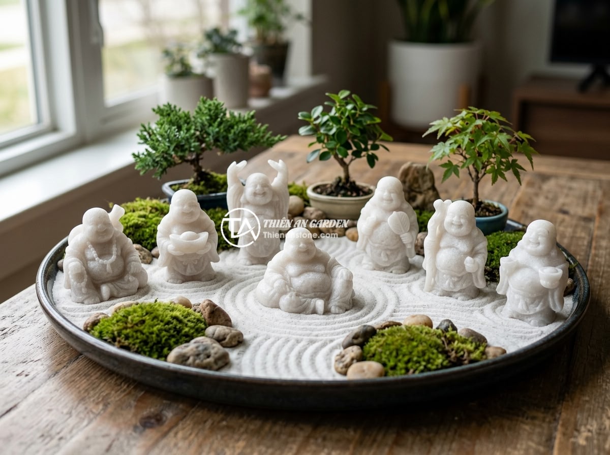 Tượng Phật Di Lặc Mini Trang Trí Tiểu Cảnh: Mẫu Nào Đang Hot Nhất? - Hình 3 Tượng Phật Di Lặc Mini Trang Trí Tiểu Cảnh: Mẫu Nào Đang Hot Nhất? - A collection of seven different mini laughing Buddha statue designs arranged bea