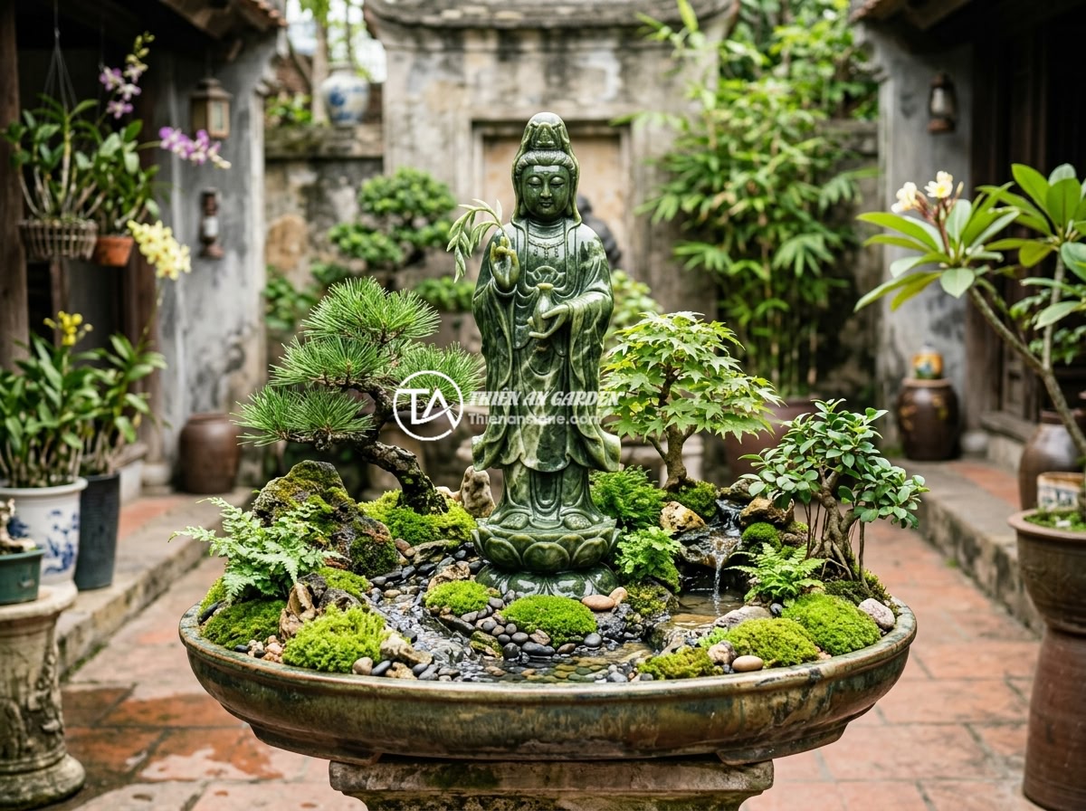 Tượng Phật Quan Âm Tiểu Cảnh: Ý Nghĩa Phong Thủy Và Cách Trang Trí Đẹp - Hình 1 Tượng Phật Quan Âm Tiểu Cảnh: Ý Nghĩa Phong Thủy Và Cách Trang Trí Đẹp - A beautiful natural stone Quan Yin Buddha statue placed in a miniature garden la