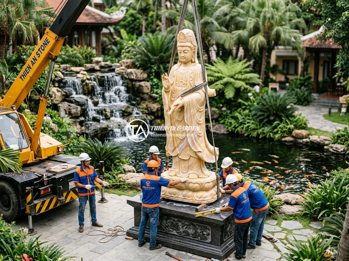 Tượng Phật Quan Âm Tiểu Cảnh: Ý Nghĩa Phong Thủy Và Cách Trang Trí Đẹp - Hình 11 Tượng Phật Quan Âm Tiểu Cảnh: Ý Nghĩa Phong Thủy Và Cách Trang Trí Đẹp - Professional team from Thien An Stone company installing a large natural stone Q