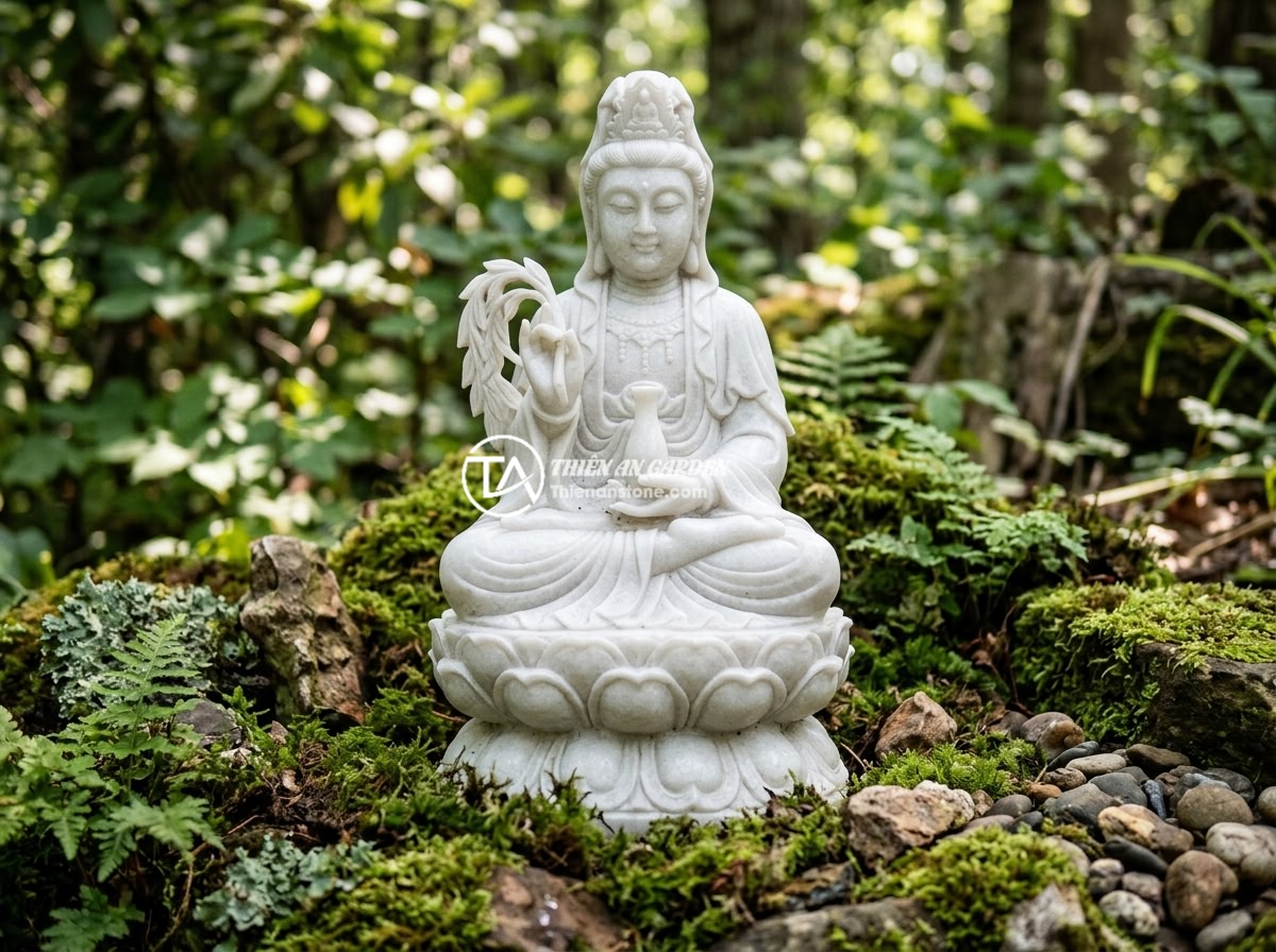 Tượng Phật Quan Âm Tiểu Cảnh: Ý Nghĩa Phong Thủy Và Cách Trang Trí Đẹp - Hình 2 Tượng Phật Quan Âm Tiểu Cảnh: Ý Nghĩa Phong Thủy Và Cách Trang Trí Đẹp - Close-up of a serene white marble Quan Yin Bodhisattva statue with detailed carv