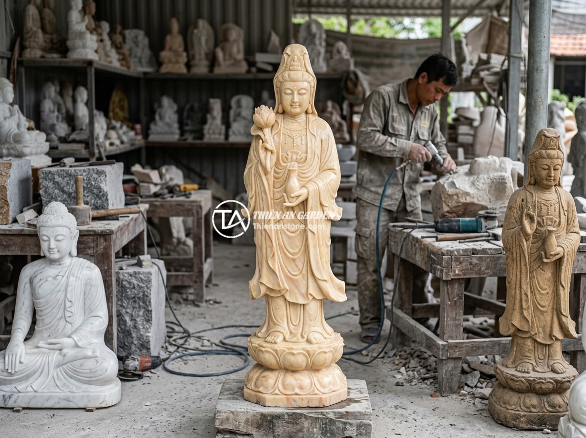 Tượng Phật Quan Âm Tiểu Cảnh: Ý Nghĩa Phong Thủy Và Cách Trang Trí Đẹp - Hình 3 Tượng Phật Quan Âm Tiểu Cảnh: Ý Nghĩa Phong Thủy Và Cách Trang Trí Đẹp - Various types of natural stone Buddha statues including white marble, granite, a