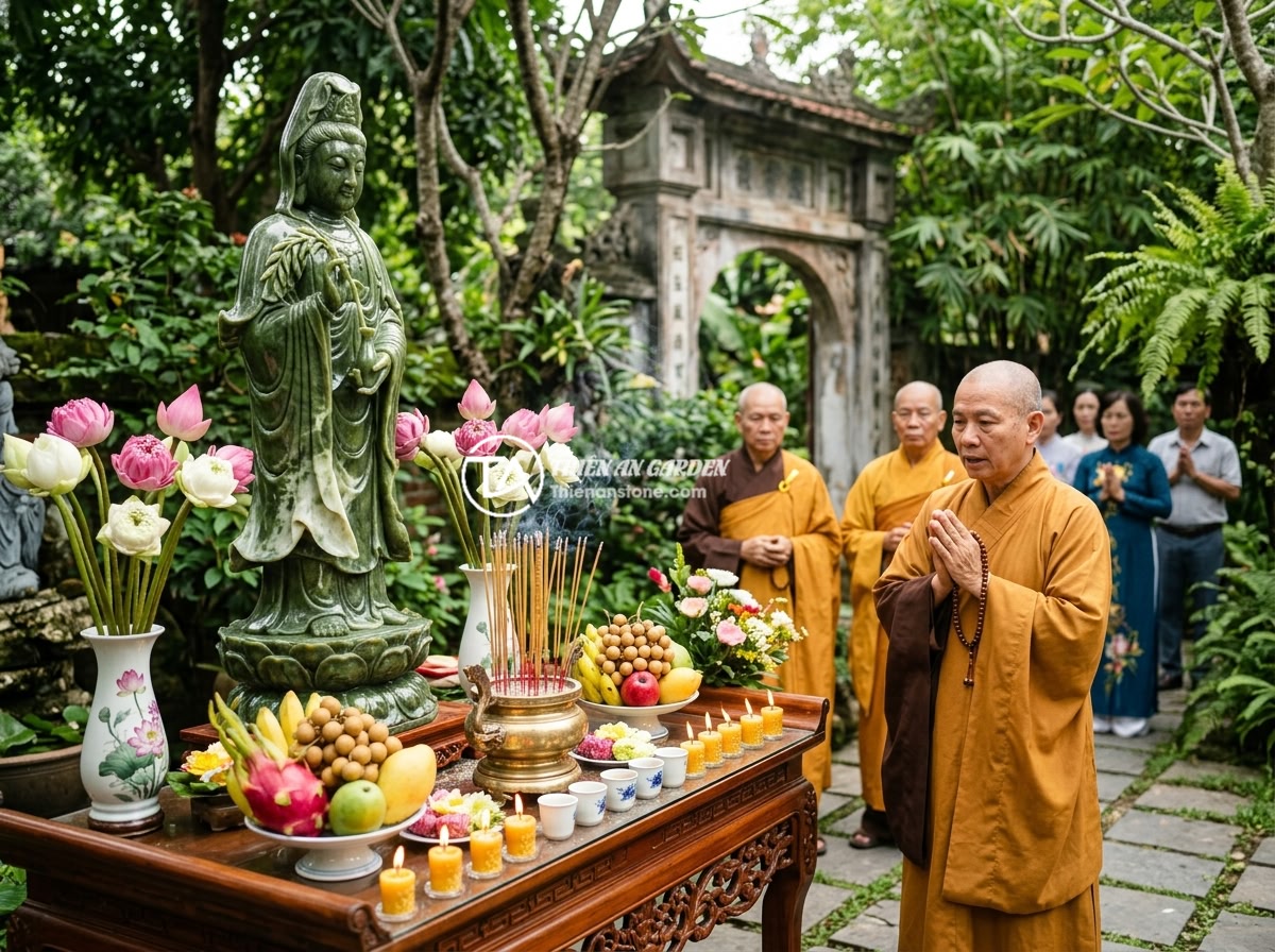 Tượng Phật Quan Âm Tiểu Cảnh: Ý Nghĩa Phong Thủy Và Cách Trang Trí Đẹp - Hình 9 Tượng Phật Quan Âm Tiểu Cảnh: Ý Nghĩa Phong Thủy Và Cách Trang Trí Đẹp - A solemn installation ceremony of a Quan Yin Buddha statue in a Vietnamese garde