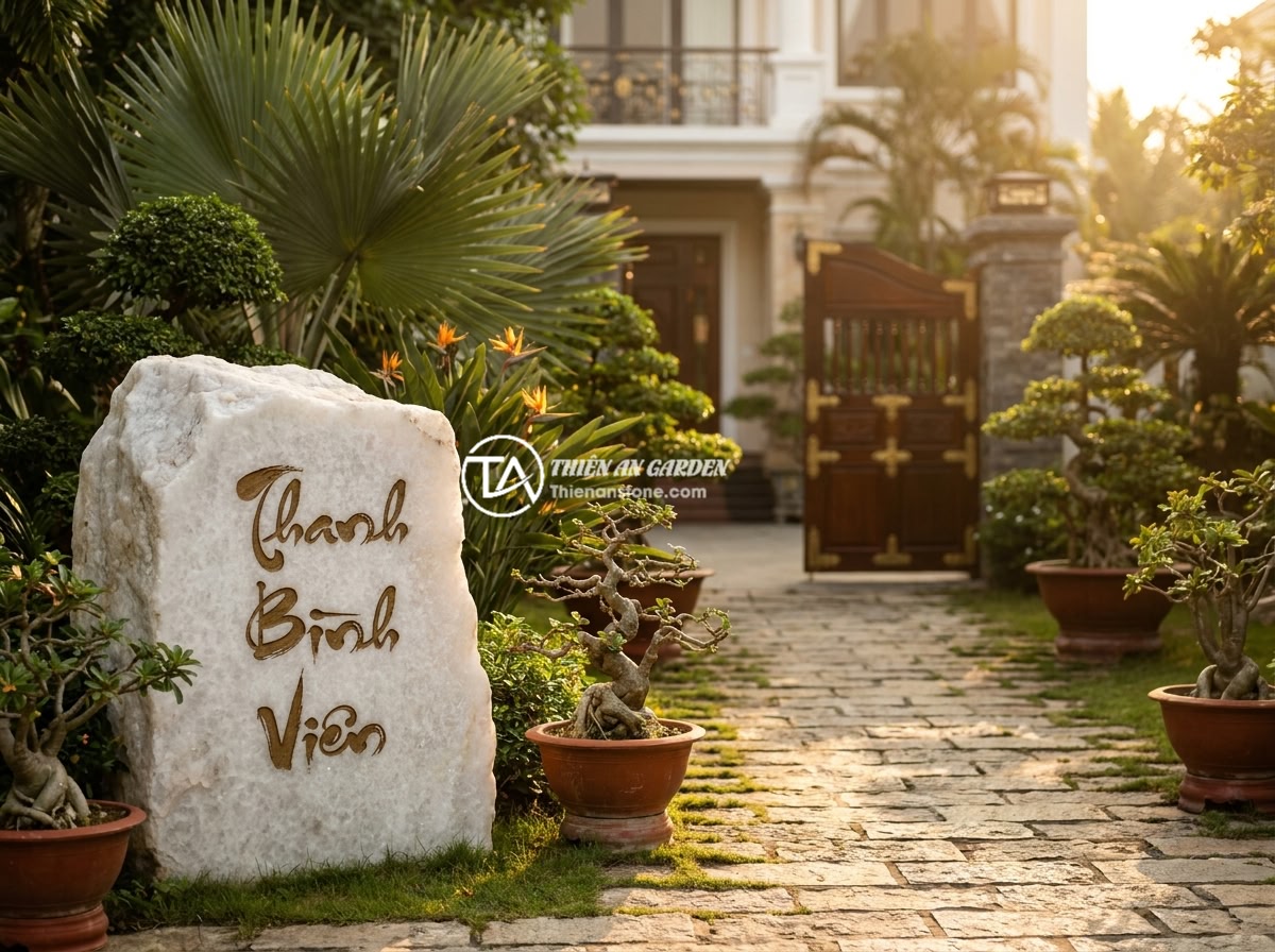 Ứng dụng bảng hiệu đá tự nhiên trong thiết kế sân vườn biệt thự và không gian cảnh quan - A luxurious Vietnamese villa garden entrance featuring a large natural stone sig