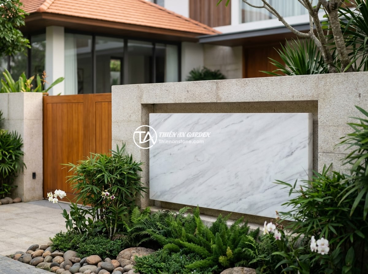 Ứng dụng bảng hiệu đá tự nhiên trong thiết kế sân vườn biệt thự và không gian cảnh quan - An elegant finished natural stone sign project at a completed Vietnamese luxury 