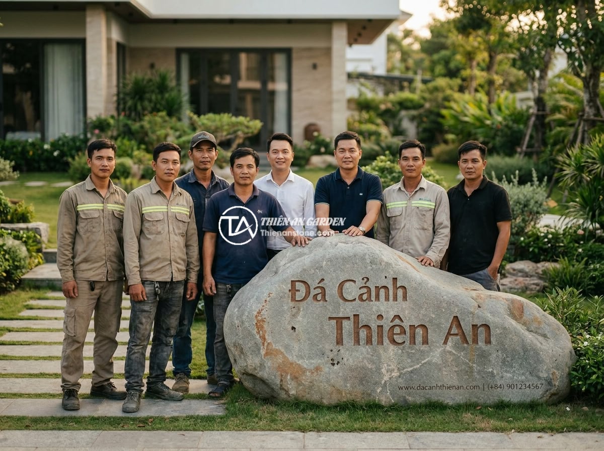Ứng dụng bảng hiệu đá tự nhiên trong thiết kế sân vườn biệt thự và không gian cảnh quan - A professional team photo of Đá Cảnh Thiên An stone craftsmen and landscape desi