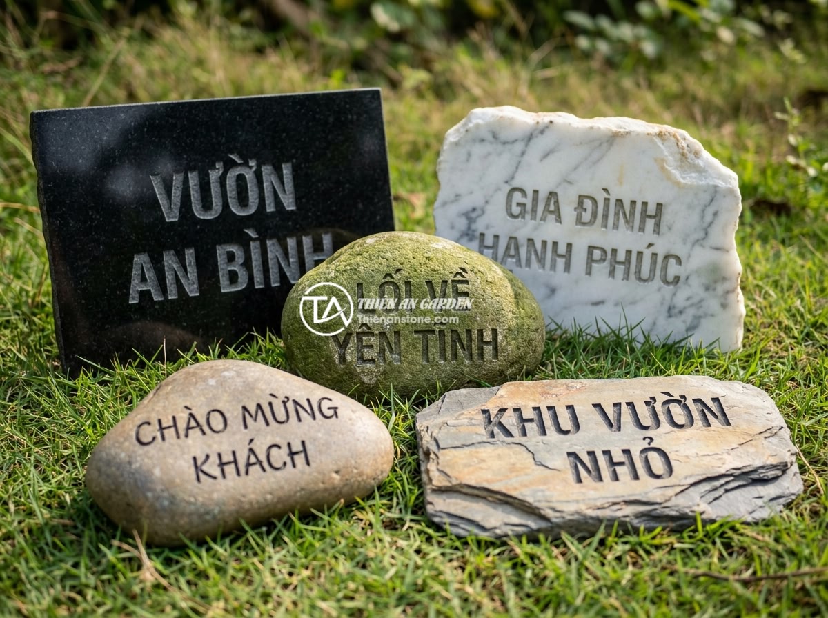 Ứng dụng bảng hiệu đá tự nhiên trong thiết kế sân vườn biệt thự và không gian cảnh quan - A collection display of different natural stone types used for garden signs, inc