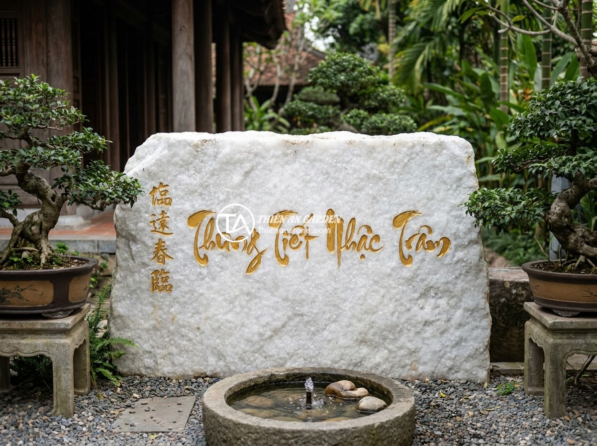 Ứng dụng bảng hiệu đá tự nhiên trong thiết kế sân vườn biệt thự và không gian cảnh quan - A feng shui inspired natural stone sign placed at the entrance of a Vietnamese l