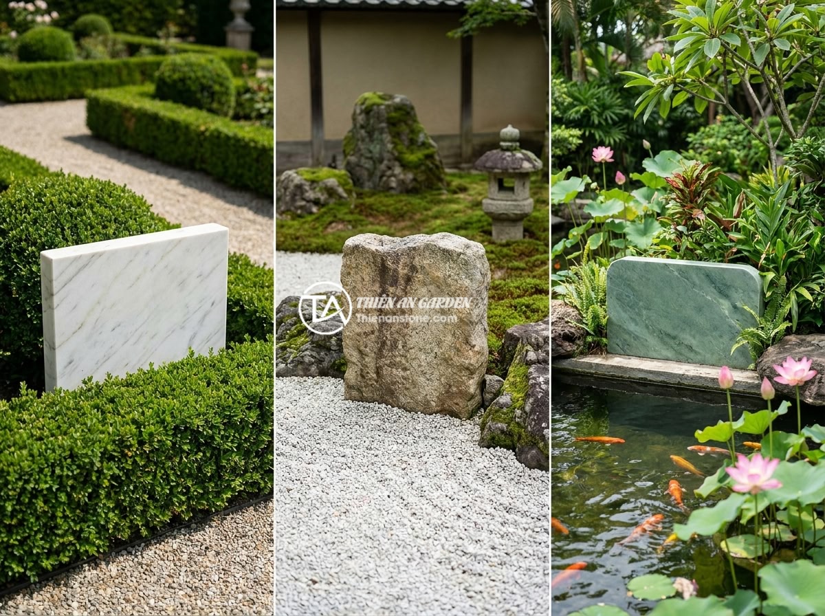 Ứng dụng bảng hiệu đá tự nhiên trong thiết kế sân vườn biệt thự và không gian cảnh quan - Three side-by-side comparison images showing natural stone signs in different ga