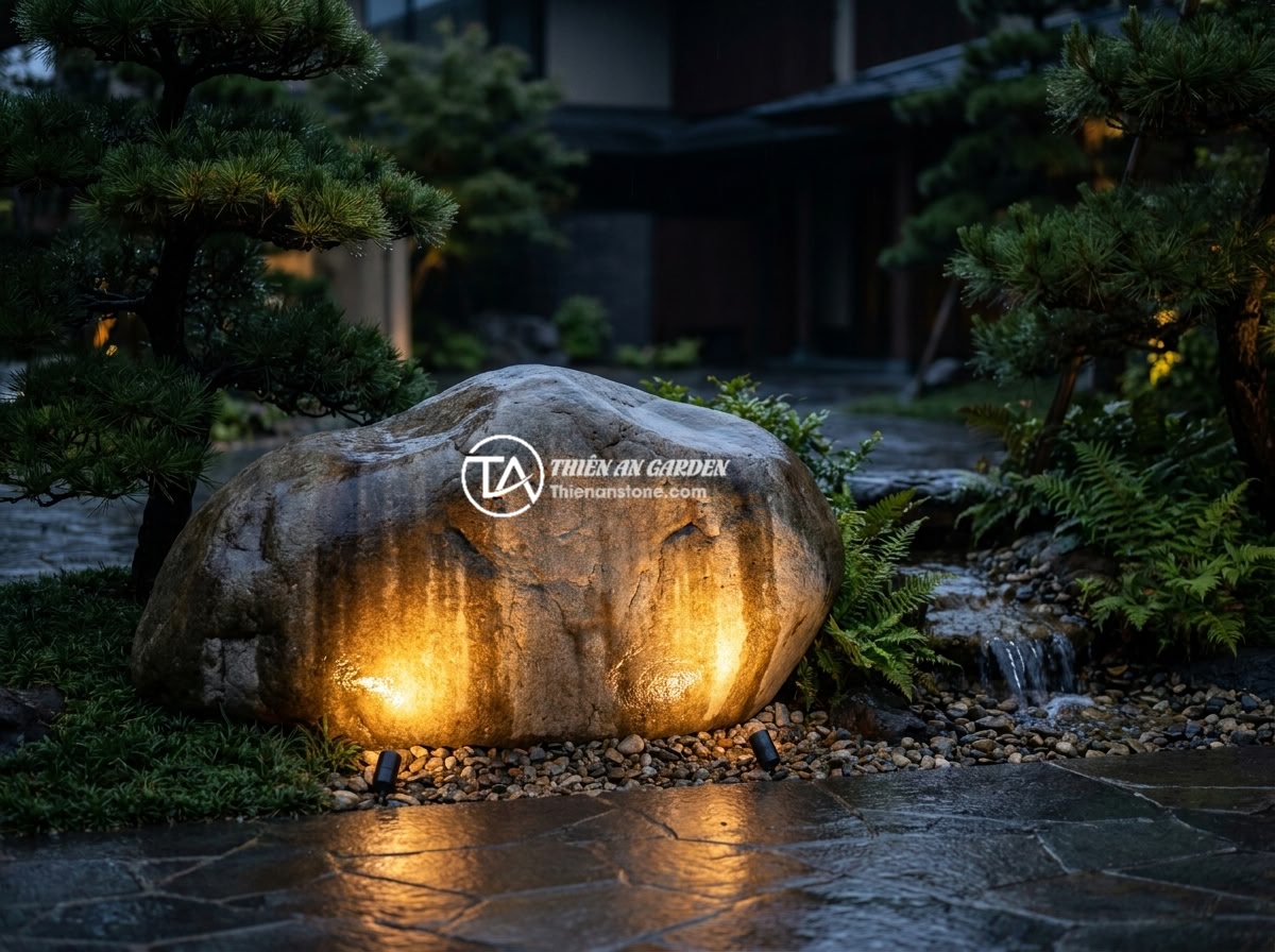 Ứng dụng bảng hiệu đá tự nhiên trong thiết kế sân vườn biệt thự và không gian cảnh quan - A stunning nighttime photograph of a natural stone sign at a villa entrance, dra