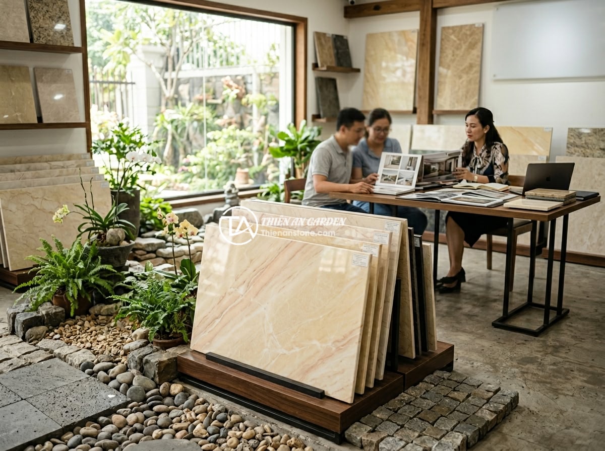 Ứng dụng đá rối trang trí giếng trời: Mang thiên nhiên vào nhà phố - Showroom display of Da Canh Thien An company featuring various natural random st