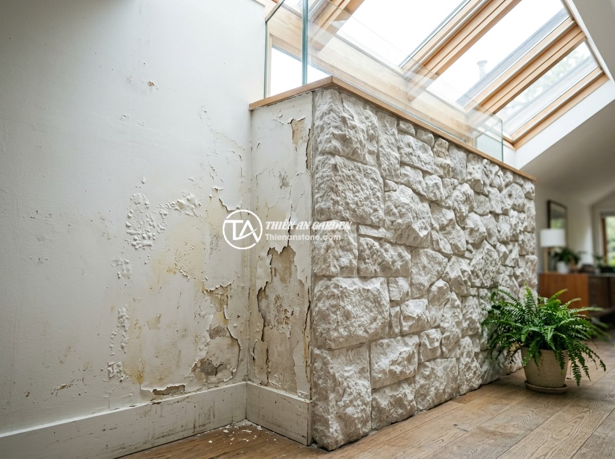 Ứng dụng đá rối trang trí giếng trời: Mang thiên nhiên vào nhà phố - Comparison between natural stone wall cladding and painted wall in a skylight ar