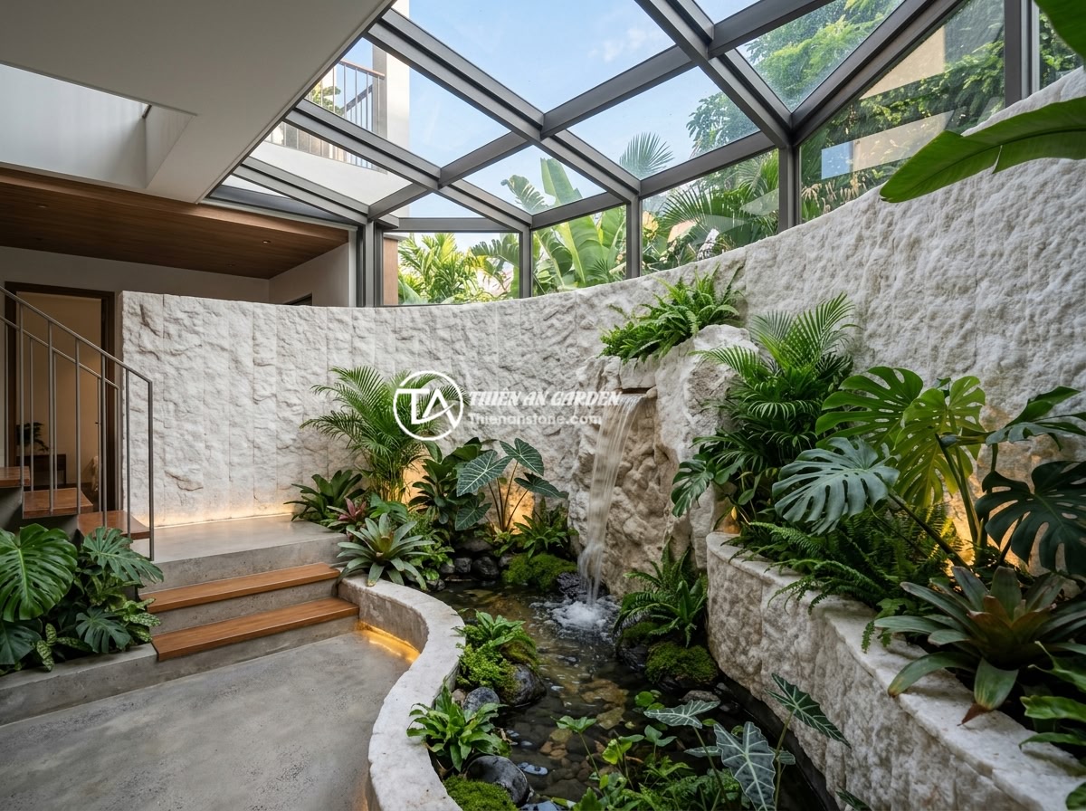 Ứng dụng đá rối trang trí giếng trời: Mang thiên nhiên vào nhà phố - Beautiful finished skylight in a modern Vietnamese townhouse with natural random