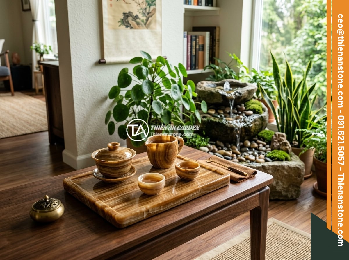 Ứng dụng thực tế bộ ấm chén bằng đá trong trang trí nội thất hiện đại - A feng shui inspired interior decoration with a natural stone tea set placed on 