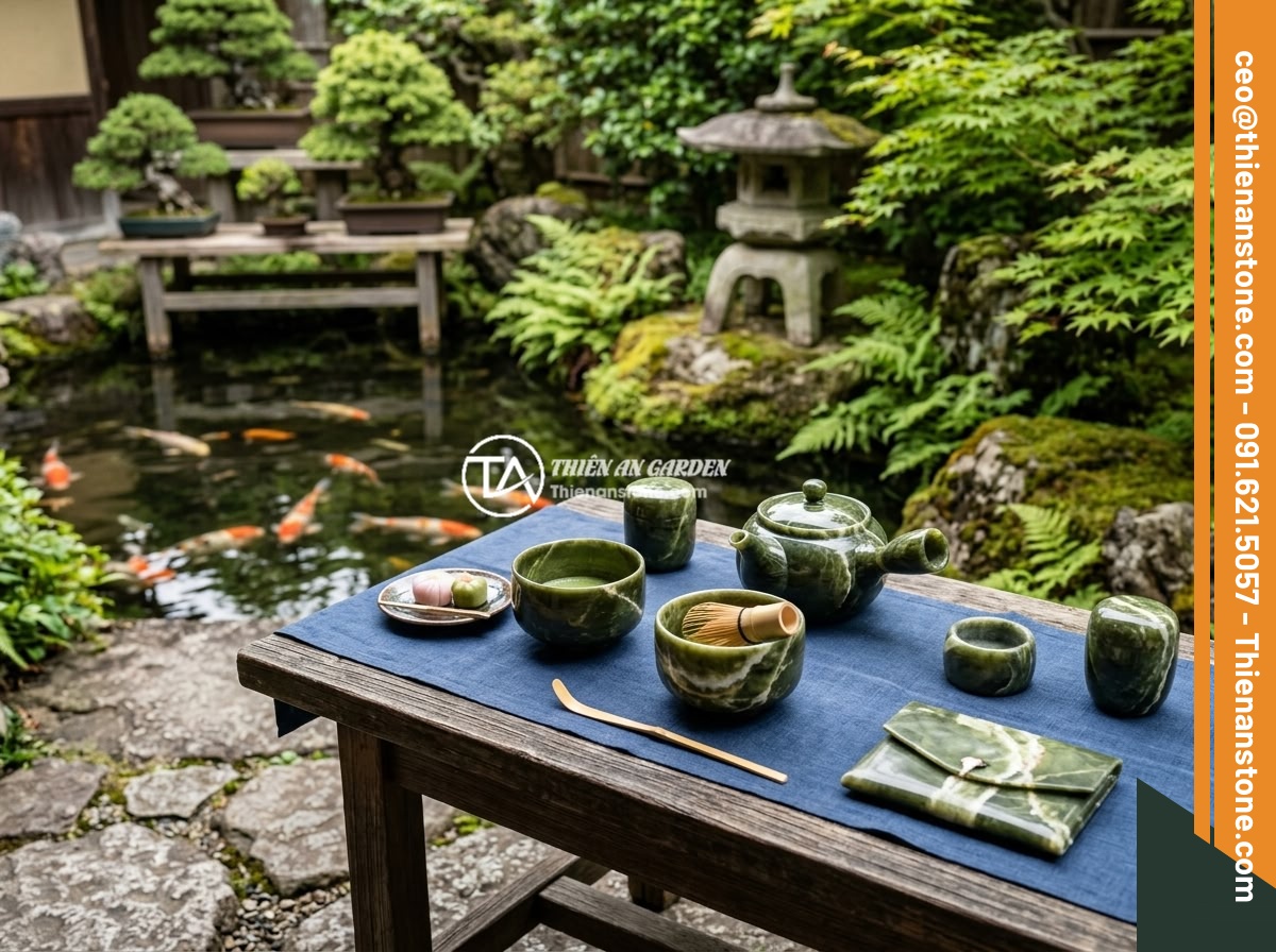 Ứng dụng thực tế bộ ấm chén bằng đá trong trang trí nội thất hiện đại - A beautifully arranged outdoor tea ceremony setup with natural stone tea set on 