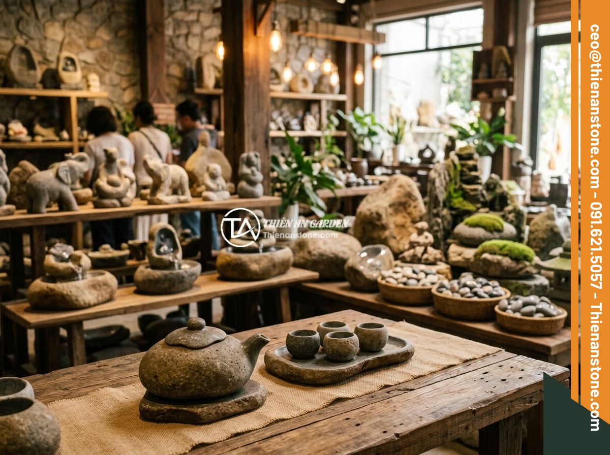 Ứng dụng thực tế bộ ấm chén bằng đá trong trang trí nội thất hiện đại - A professional photo of Da Canh Thien An showroom displaying various natural sto