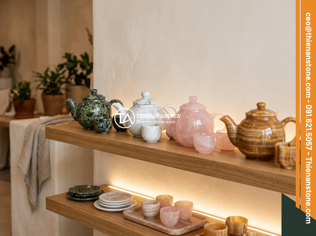 Ứng dụng thực tế bộ ấm chén bằng đá trong trang trí nội thất hiện đại - Different types of natural stone tea sets displayed together including green ser
