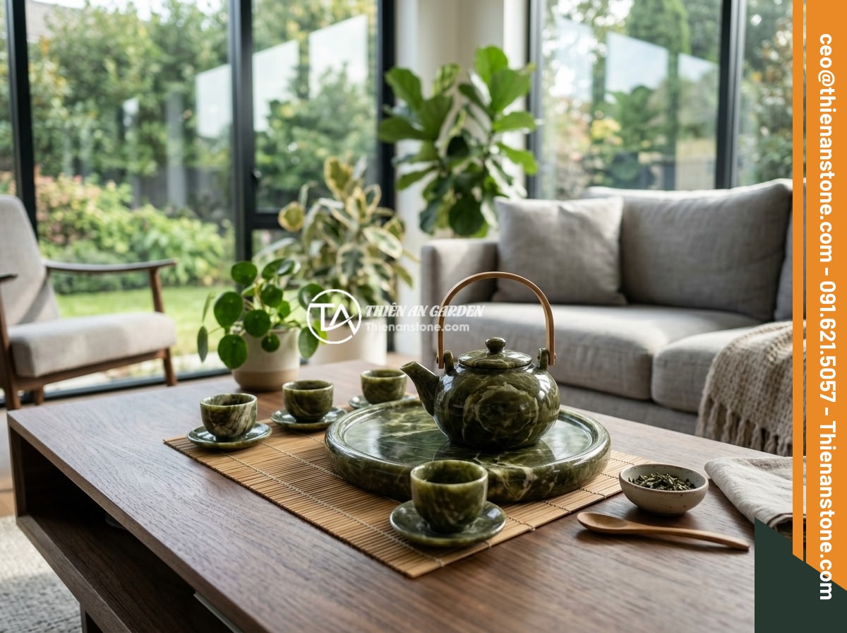 Ứng dụng thực tế bộ ấm chén bằng đá trong trang trí nội thất hiện đại - An elegant natural stone tea set placed on a modern coffee table in a spacious l