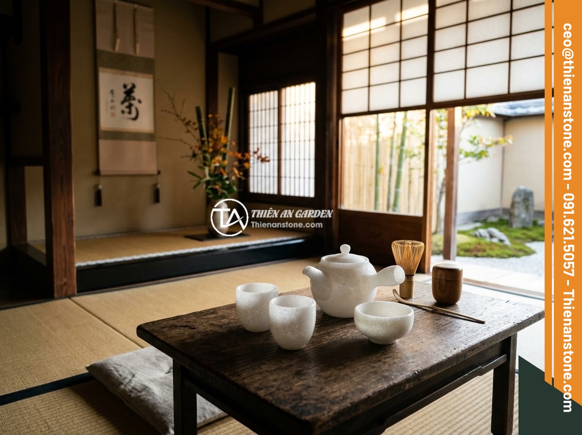 Ứng dụng thực tế bộ ấm chén bằng đá trong trang trí nội thất hiện đại - A serene Japanese-style tea room with a natural stone tea set as the centerpiece