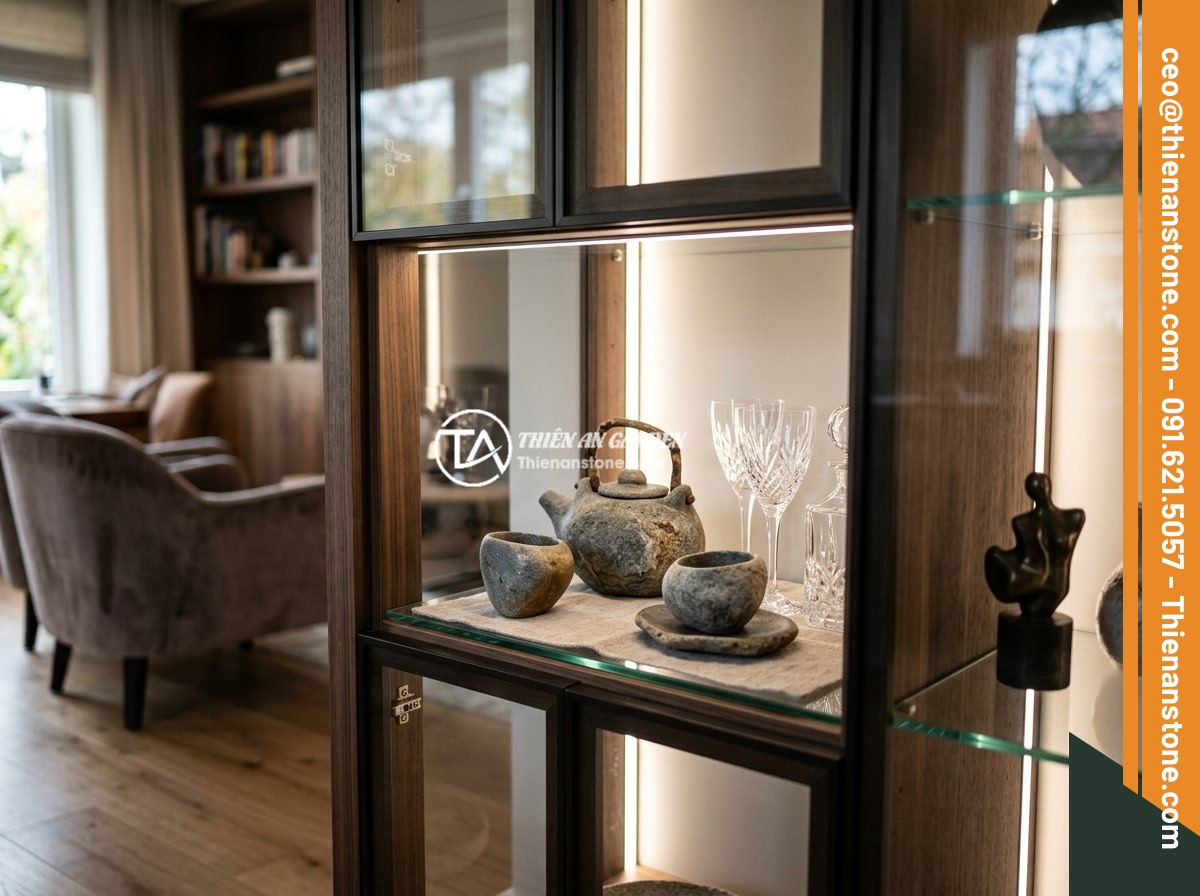 Ứng dụng thực tế bộ ấm chén bằng đá trong trang trí nội thất hiện đại - A natural stone tea set beautifully displayed inside a modern glass cabinet with