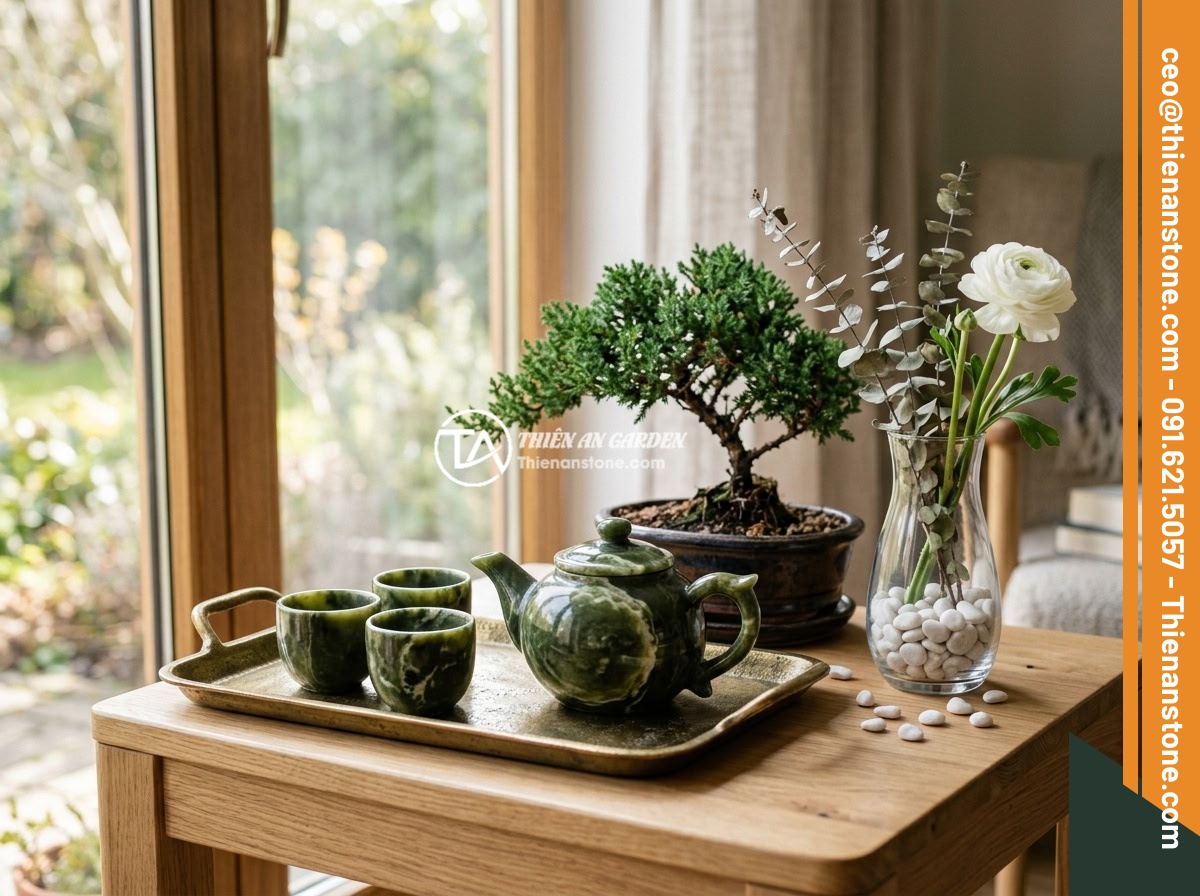 Ứng dụng thực tế bộ ấm chén bằng đá trong trang trí nội thất hiện đại - A creative interior decoration vignette combining a natural stone tea set with a