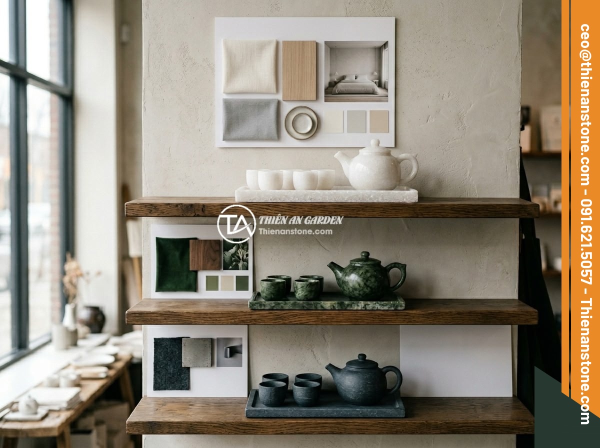 Ứng dụng thực tế bộ ấm chén bằng đá trong trang trí nội thất hiện đại - A comparison display of different colored natural stone tea sets arranged on she