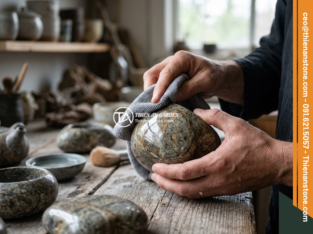 Ứng dụng thực tế bộ ấm chén bằng đá trong trang trí nội thất hiện đại - Close-up of a person carefully cleaning and polishing a natural jade stone tea s