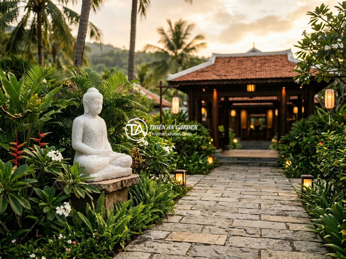 Ứng Dụng Thực Tế Của Tiểu Cảnh Tượng Phật Trong Thiết Kế Khu Nghỉ Dưỡng - Hình 1 Ứng Dụng Thực Tế Của Tiểu Cảnh Tượng Phật Trong Thiết Kế Khu Nghỉ Dưỡng - A luxurious Vietnamese resort entrance featuring a serene Buddha stone statue su